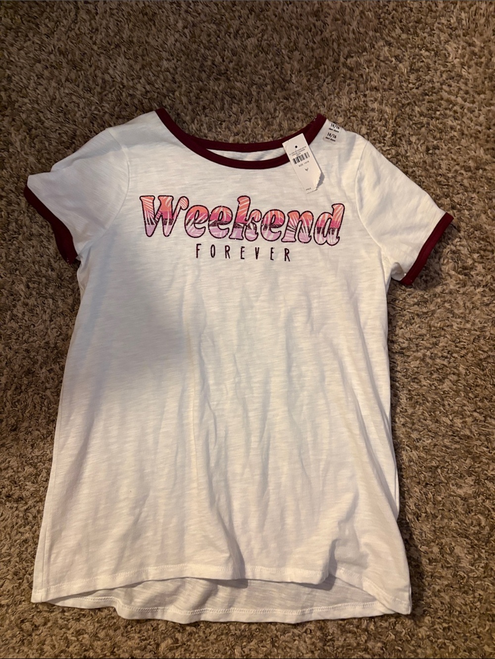 Justice White Tee with Burgundy Trim and Pink Graphic - Kids